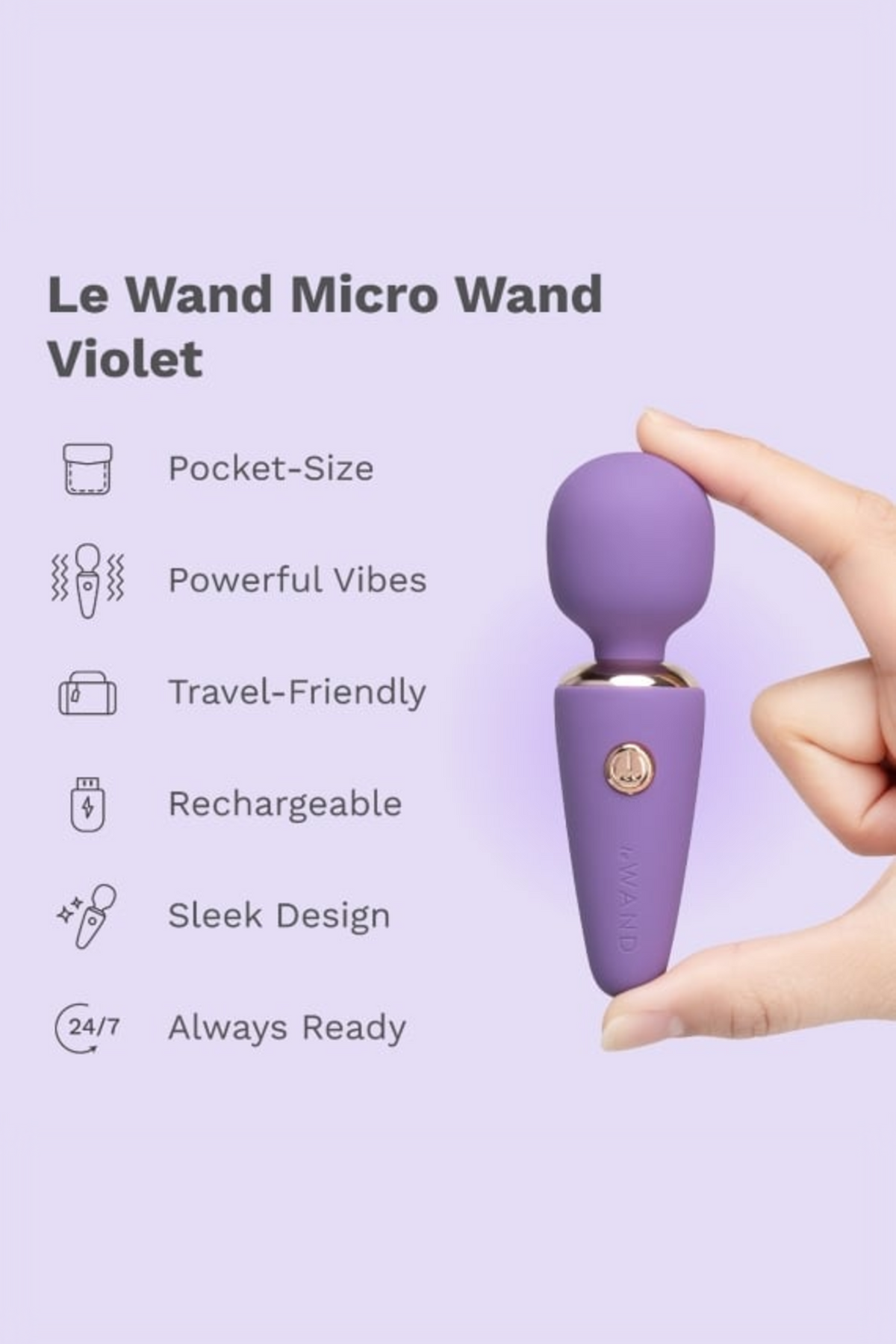 Le Wand Micro Wand in violet with feature icons for pocket size, powerful vibes, travel-friendly, rechargeable and sleek design