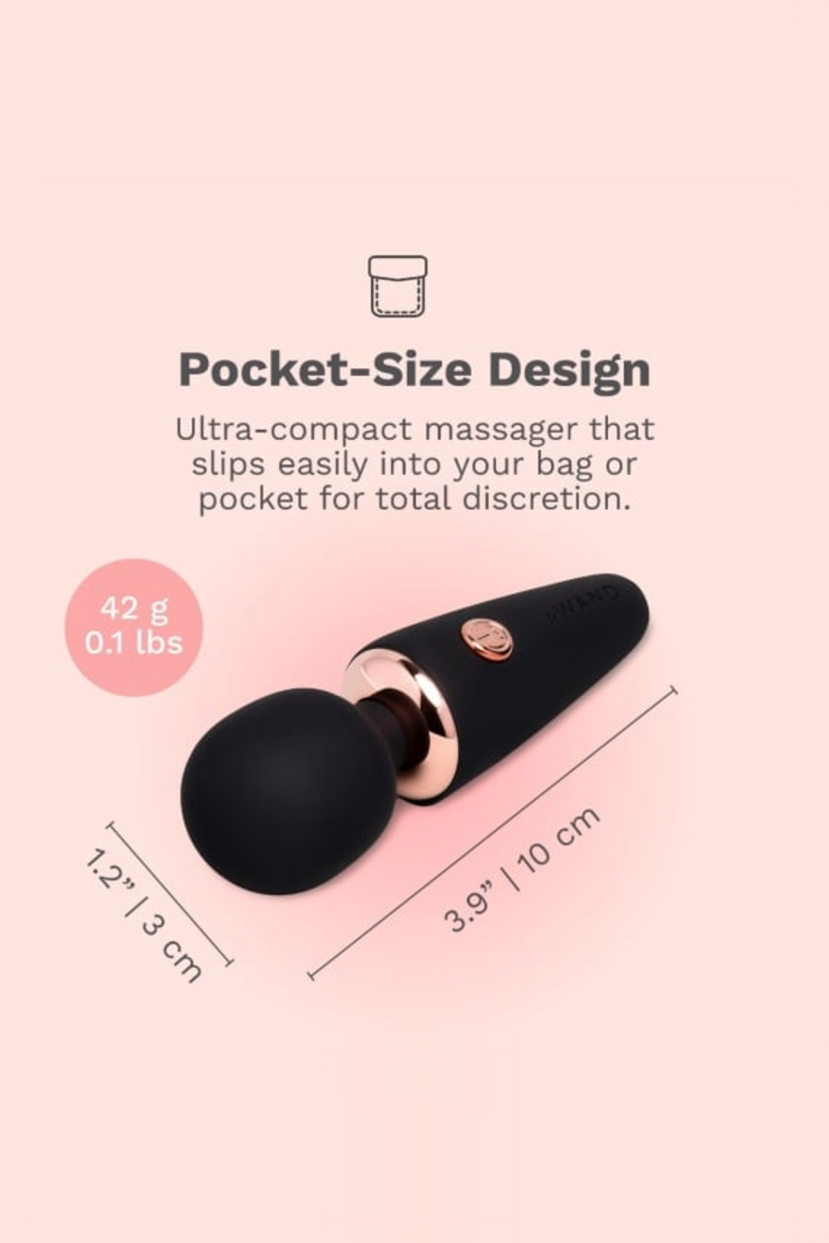 Pocket-size design graphic of the black Le Wand Micro Wand, which measures about 3.9 in long and 1.2 in wide and weighs 43 g