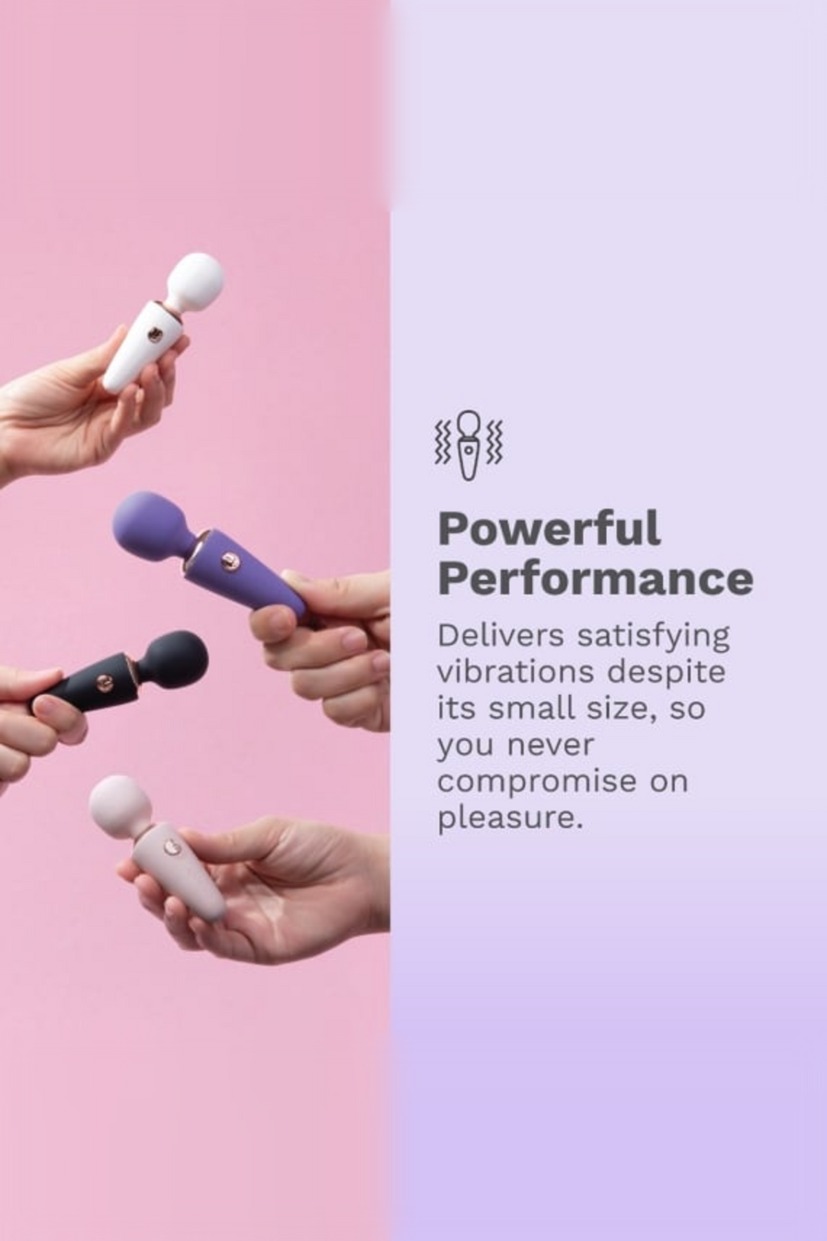 Hands holding the Le Wand Micro Wand in white, violet and black beside text about its powerful vibrations despite the small size