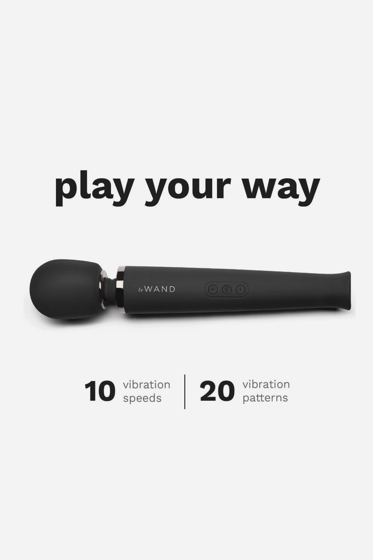 Black Le Wand Original Rechargeable Wand lying flat, with text highlighting its 10 vibration speeds and 20 vibration patterns