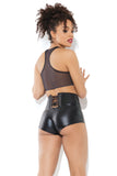 size small black model faces away from the camera to show off the non binary mesh crop top in black as lingerie. The androgenous lingerie has a razorback