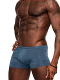 close up of abs and pelvic region of muscular black model wearing men's lingerie pouch shorts in dusty blue