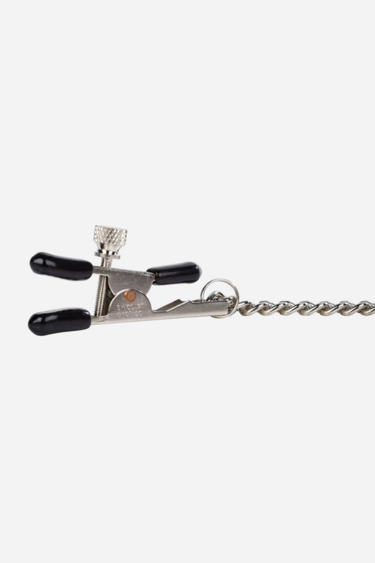 Side close-up on grey of one Let's Play bull nose nipple clamp, showing its black rubber-tipped jaws, tension screw and the link chain trailing away.