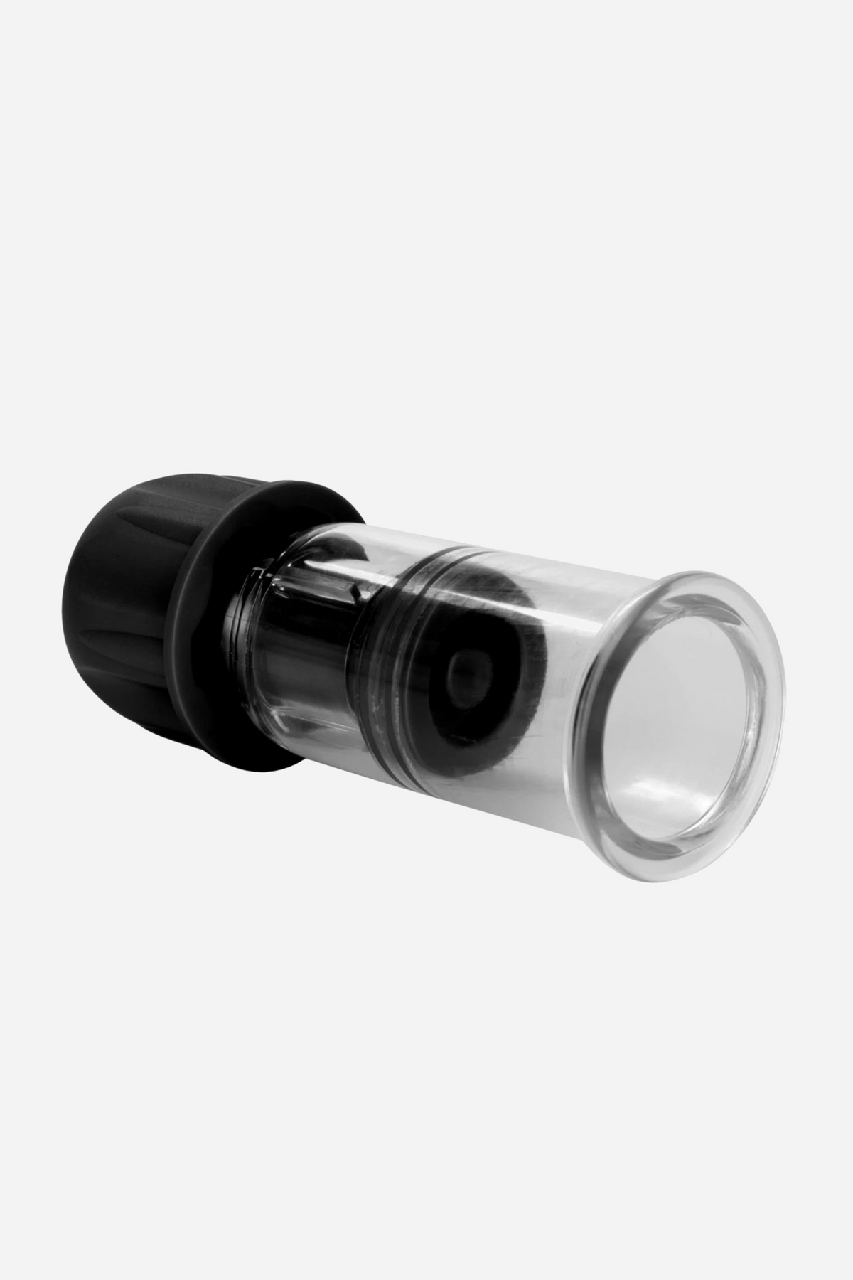 The twist nipple sucker seen from the open end, showing the smooth clear rim, the soft inner ring and the black twisting cap behind.