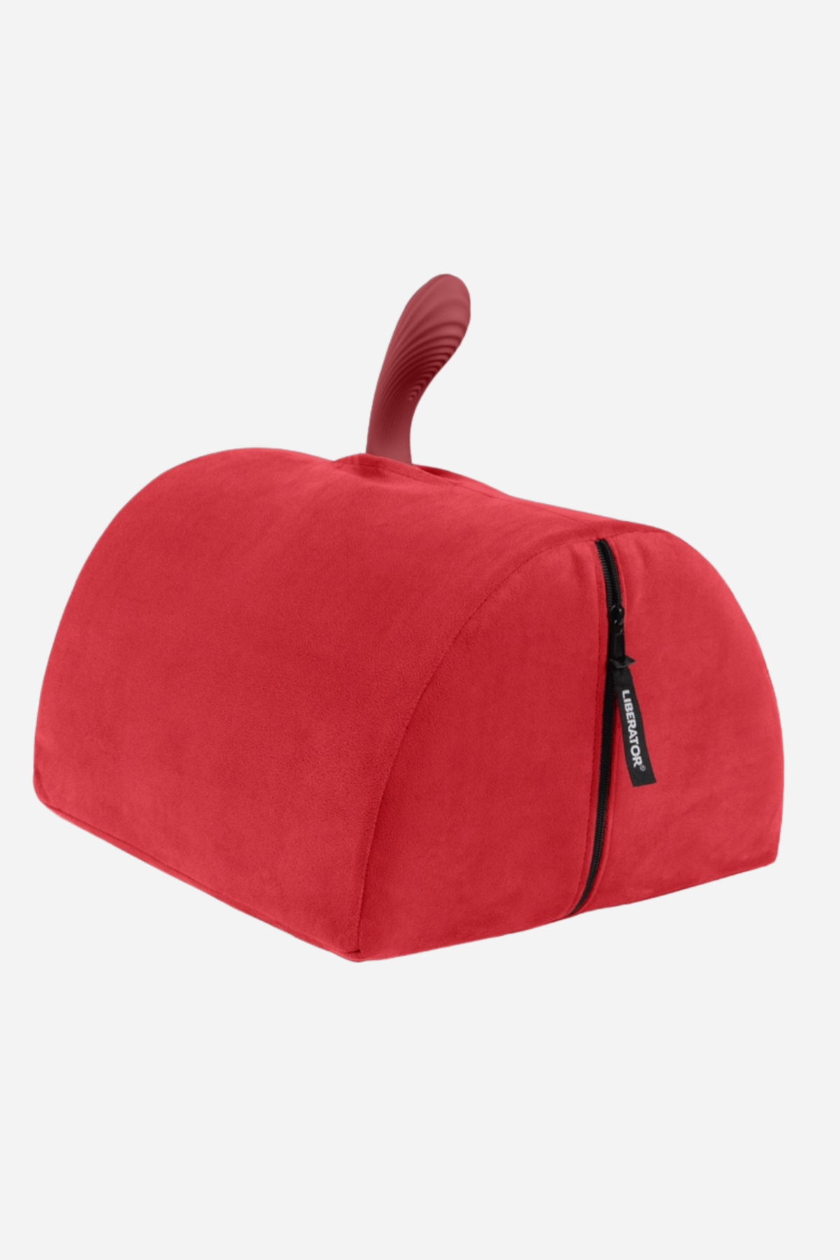 Red Liberator BonBon toy mount, a soft microfibre wedge cushion holding a red curved vibrator upright in its top slot, on grey