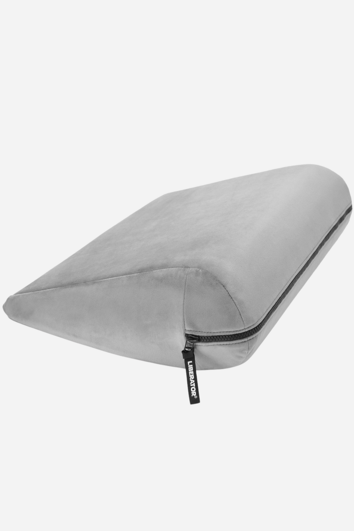 Liberator Jaz positioning wedge in platinum grey microvelvet, showing its gentle slope and the black zip on the removable cover