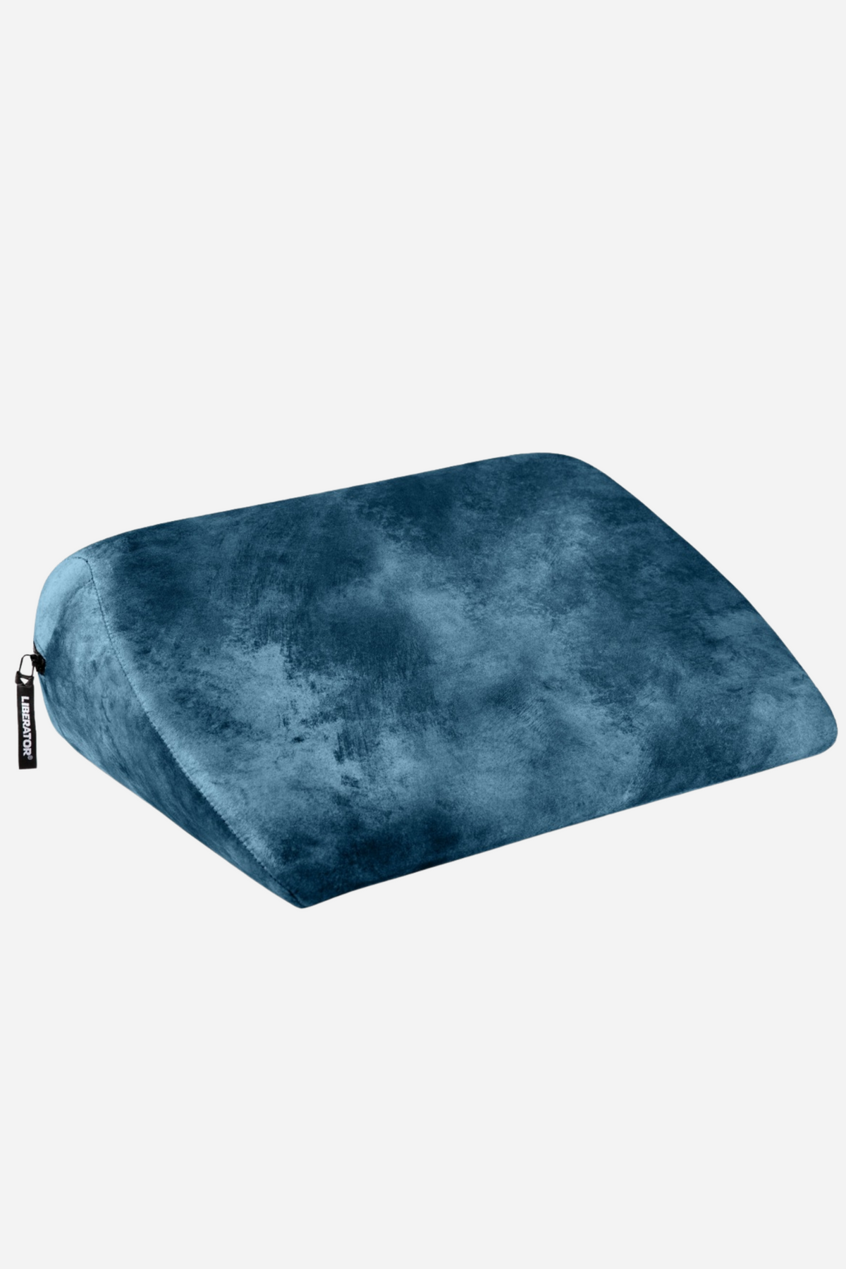 Liberator Jaz positioning wedge in ocean blue crushed microvelvet, showing its sloped shape and the zip on the removable washable cover