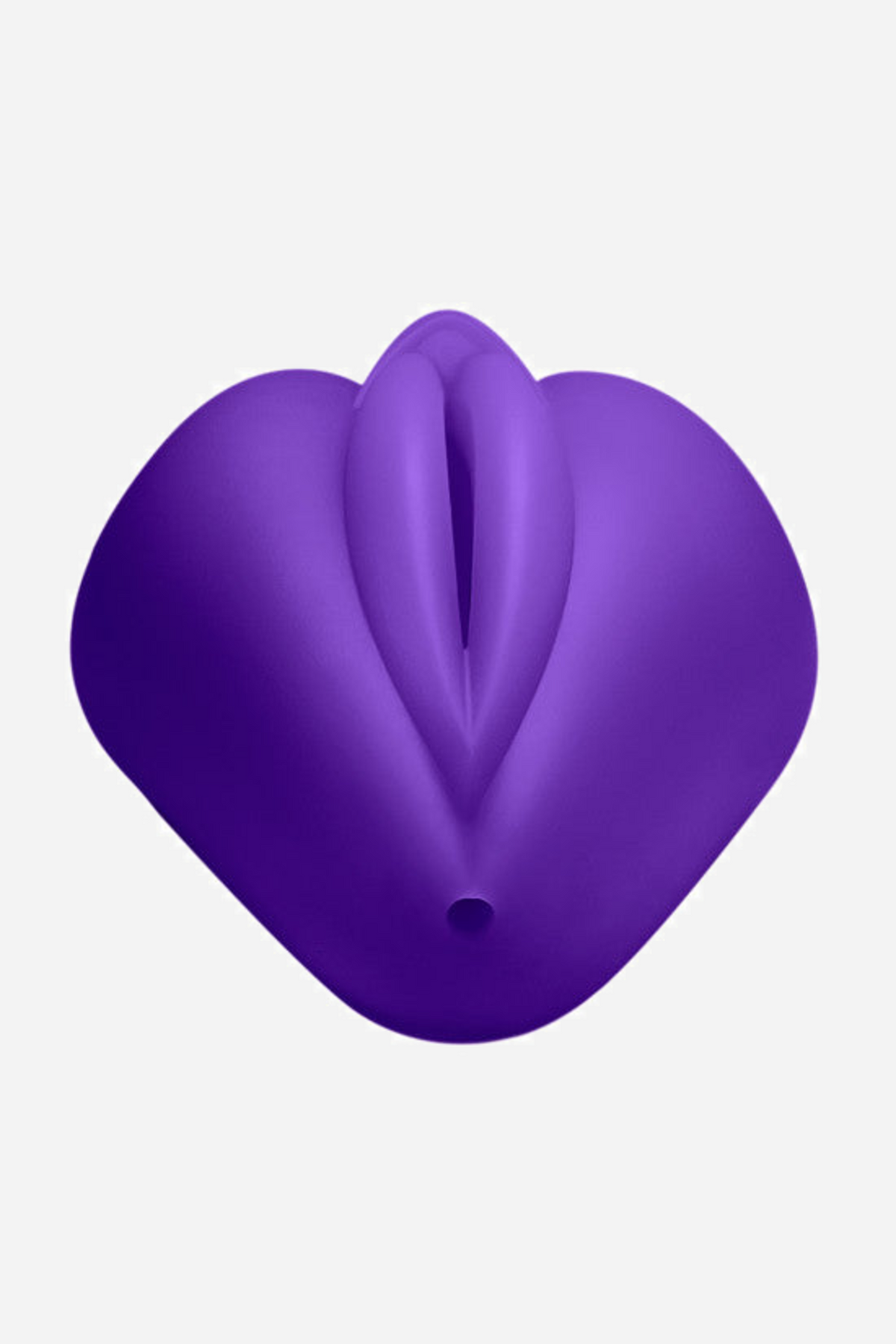 The purple Lippi grinding pad face on, its symmetrical lips parted around the centre slit with the bullet cavity opening at the base.