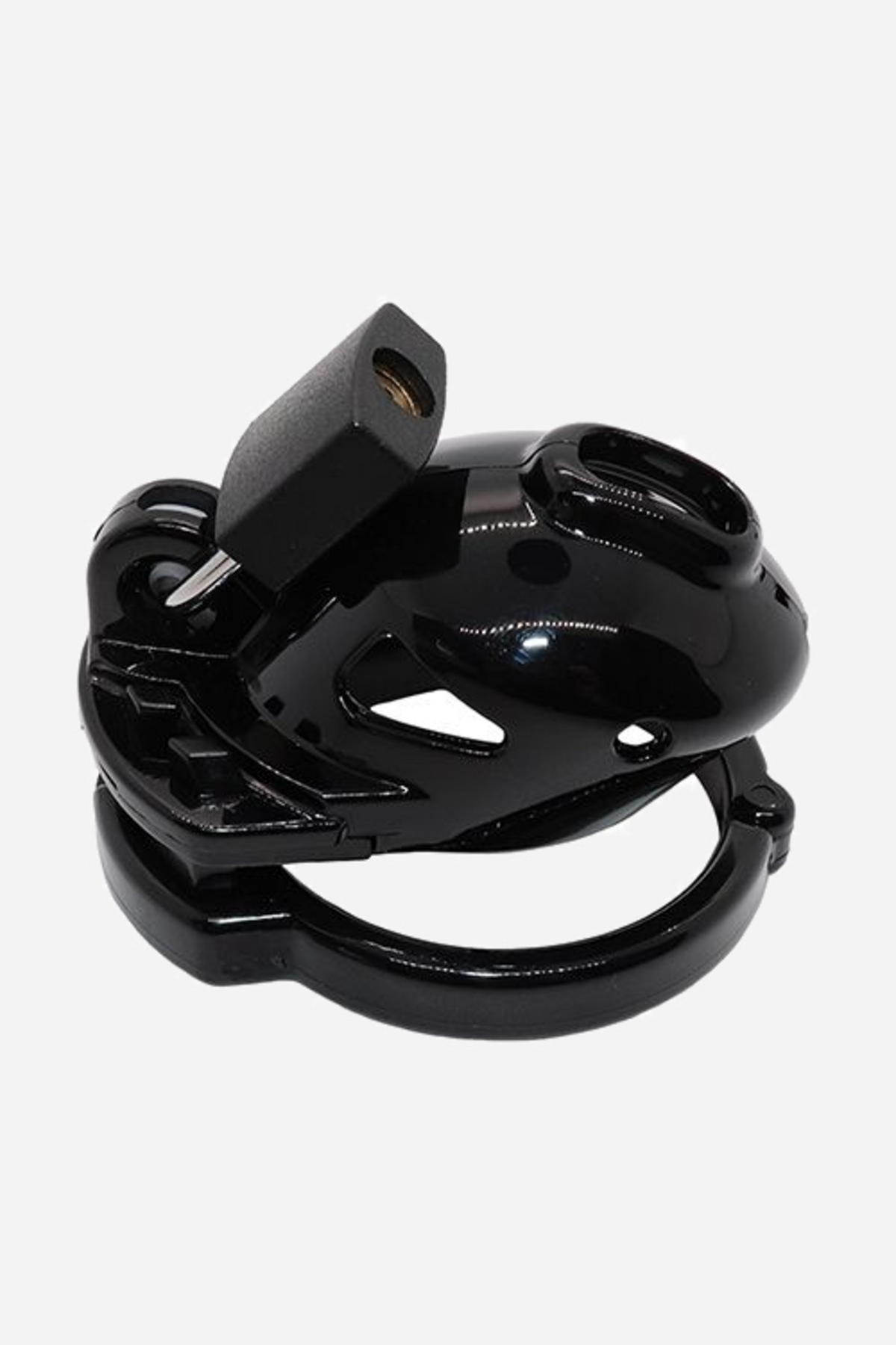 The black Vice Micro chastity cage at an angle, showing the ventilation slots along the cage body and the hinged base ring below