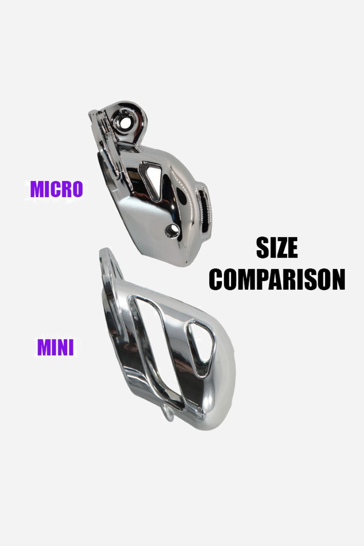 Size comparison graphic showing the chrome Vice Micro cage above the longer Vice Mini cage, each labelled, on a plain background