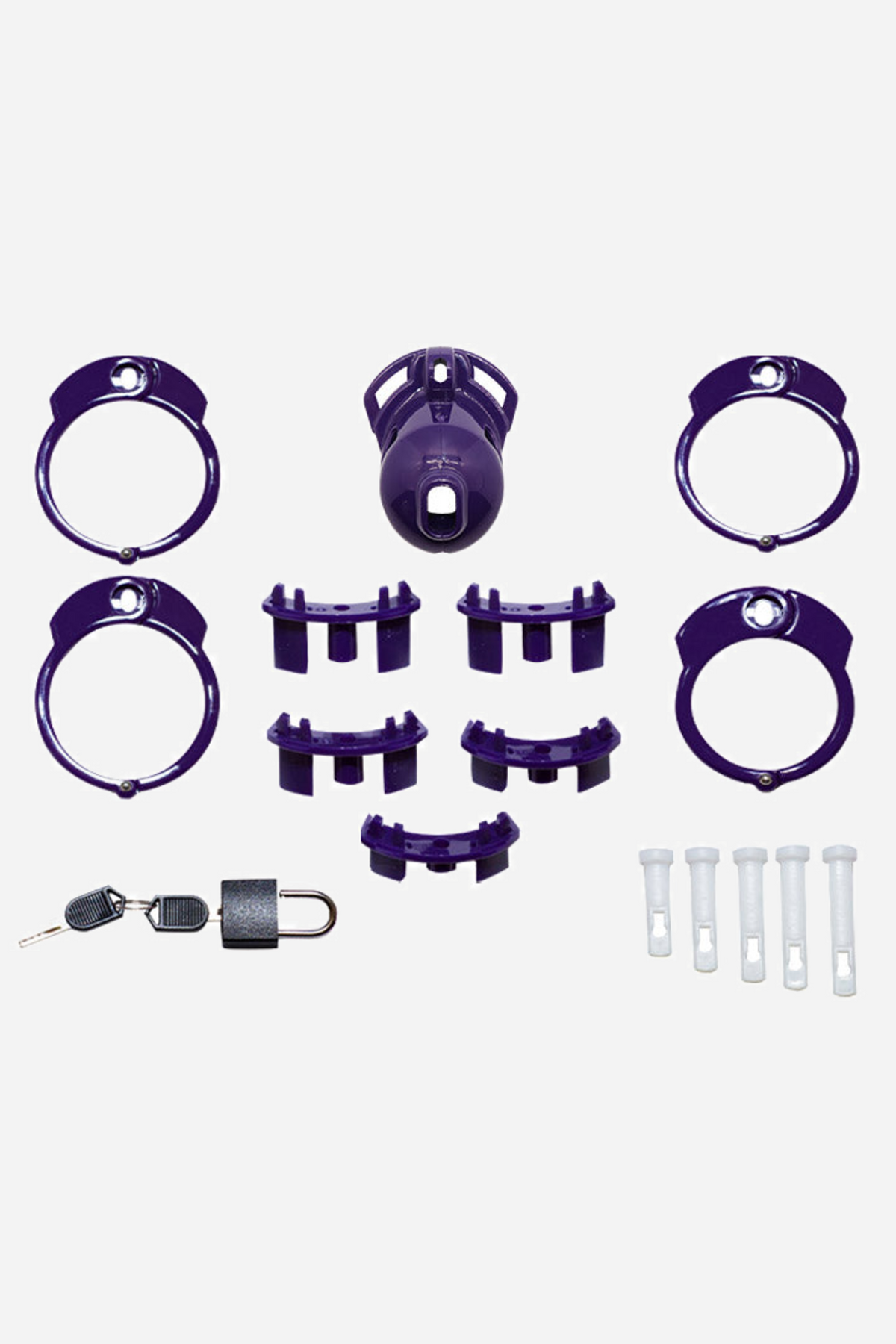 The full Vice Micro kit laid out in purple, with the cage body, four base rings, spacer pins, locking pins, a padlock and two keys