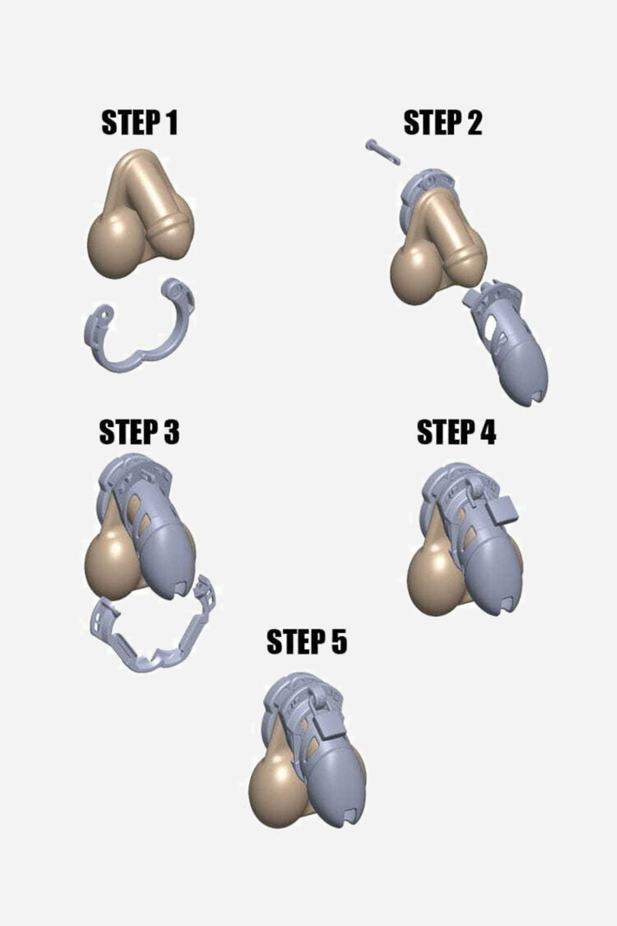 Five step assembly diagram for the Vice chastity cage, showing the base ring fitted first, then the cage closed and locked in place