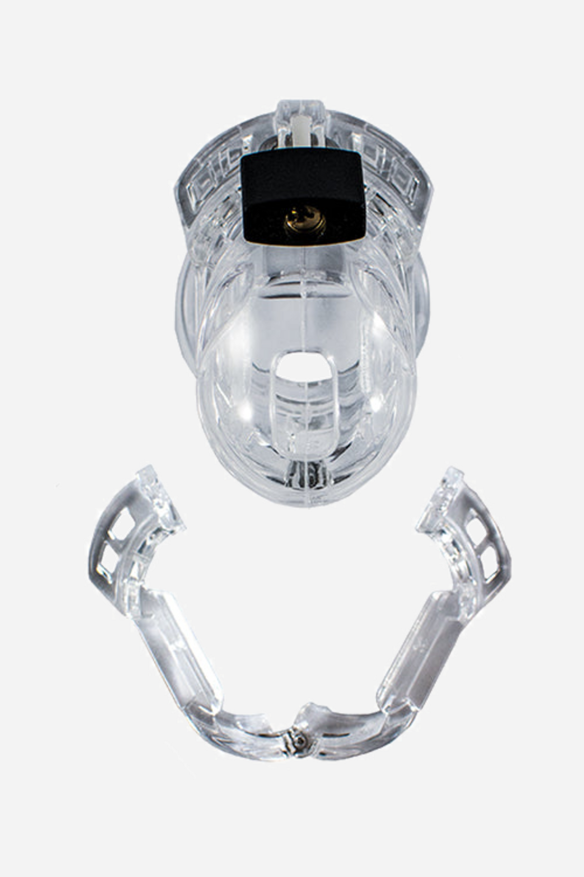 The clear Vice Mini cage viewed from the front with its base rings and locking pins laid out beneath it, showing how the parts fit