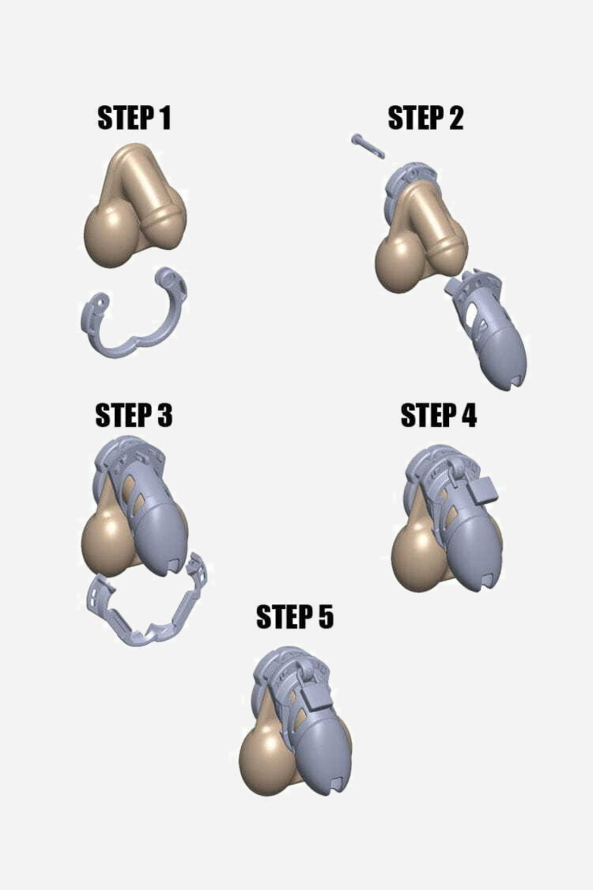 A five step diagram showing how the Vice chastity cage is assembled and fitted, numbered Step 1 through Step 5 with illustrations