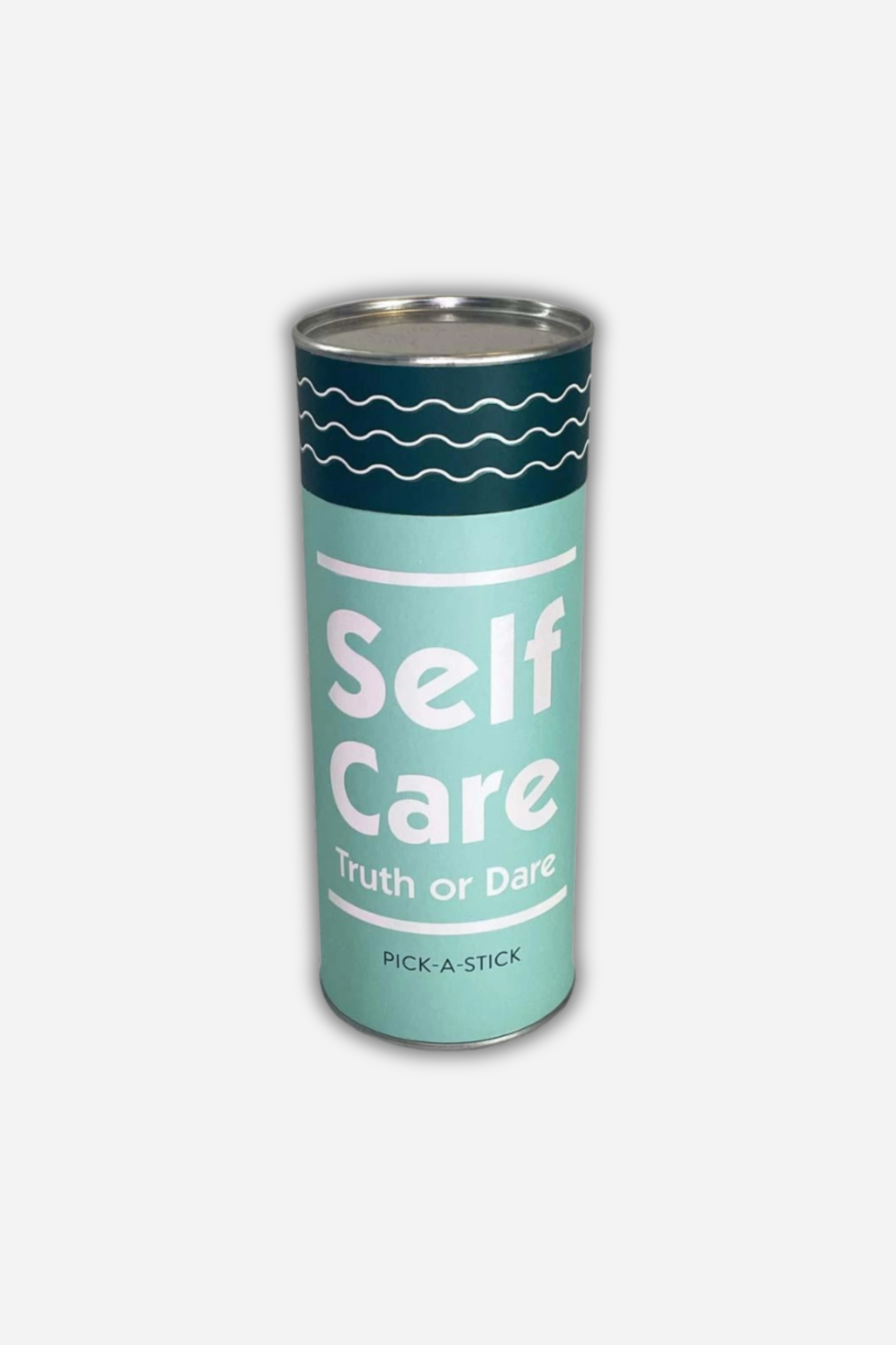A cylindrical container with a blue and white design labeled 'Self Care Truth or Dare' containing small sticks with questions and dares for interactive gameplay.