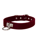 front view of a soft, burgundy velvet fetish collar for humans- has a single o-ring in front