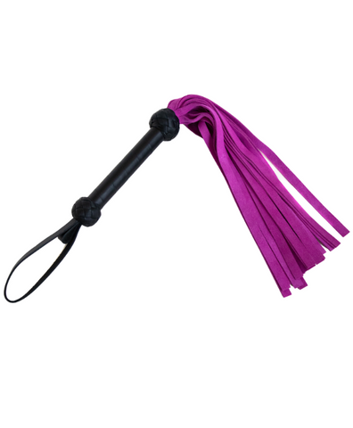 suede leather flogger with bright pink falls. has a wrapped leather handle and a wrist loop