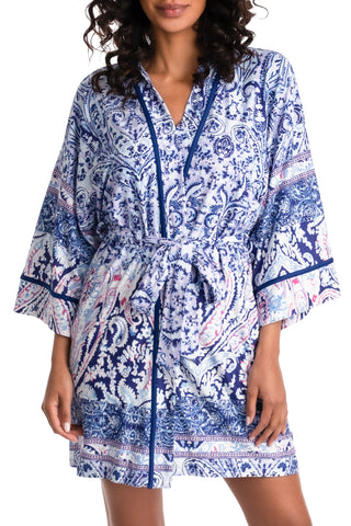model wears paisley patterned loungewear robe