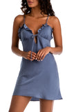 brown model in extra small slate blue loungewear lingerie chemise