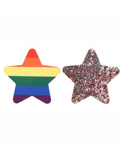 shows one rainbow star pastie and one rainbow glitter star pastie. 