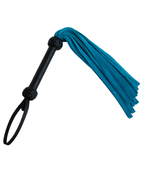 suede leather flogger with teal colored falls. has a wrapped leather handle and a wrist loop