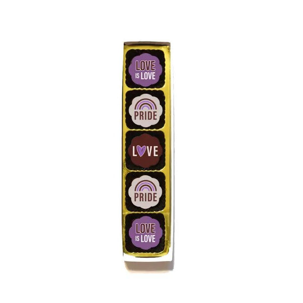 shows the pretty gift packaging with gold foil and the 5 pride themed chocolates lined up vertically
