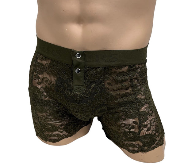 beige mannequin torso wearing men's lingerie in olive green lace with matching waistband and silver buttons