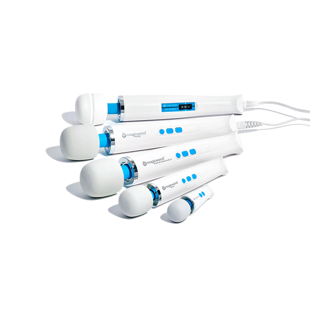 image of all 5 of the difference versions of magic wands to see size comparisons. all are white and blue