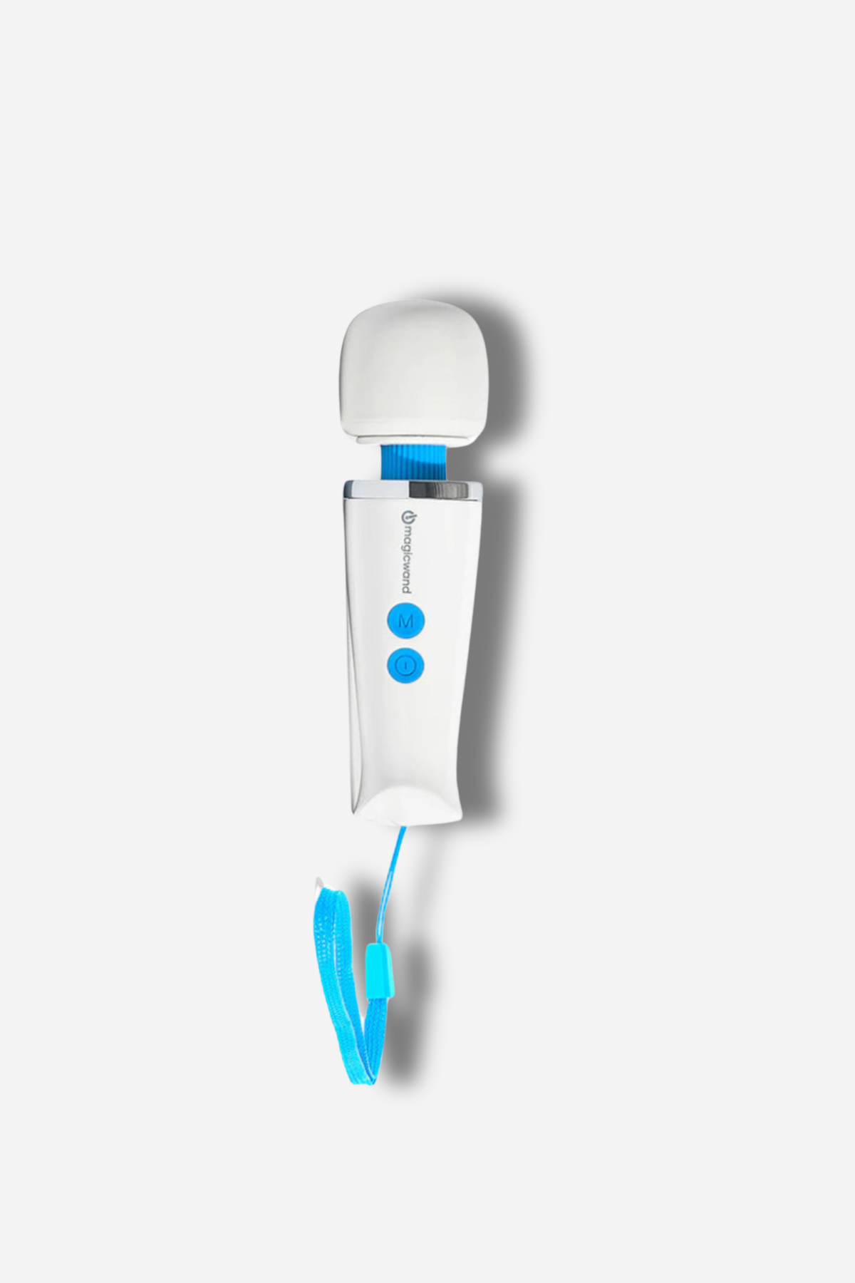 The Magic Wand Micro in white and blue standing upright with its teal charging cable coiled at the base, on a plain grey backdrop.