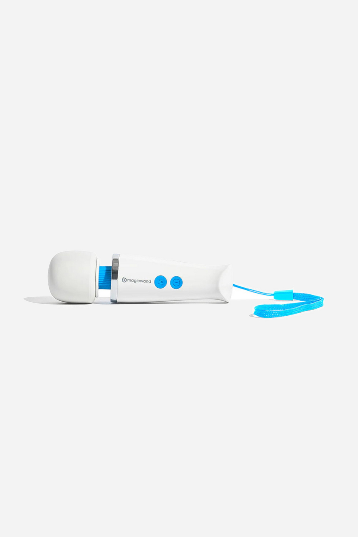 The Magic Wand Micro shown side on with its soft rounded head and its teal charging cable laid out beside it on a plain grey backdrop.