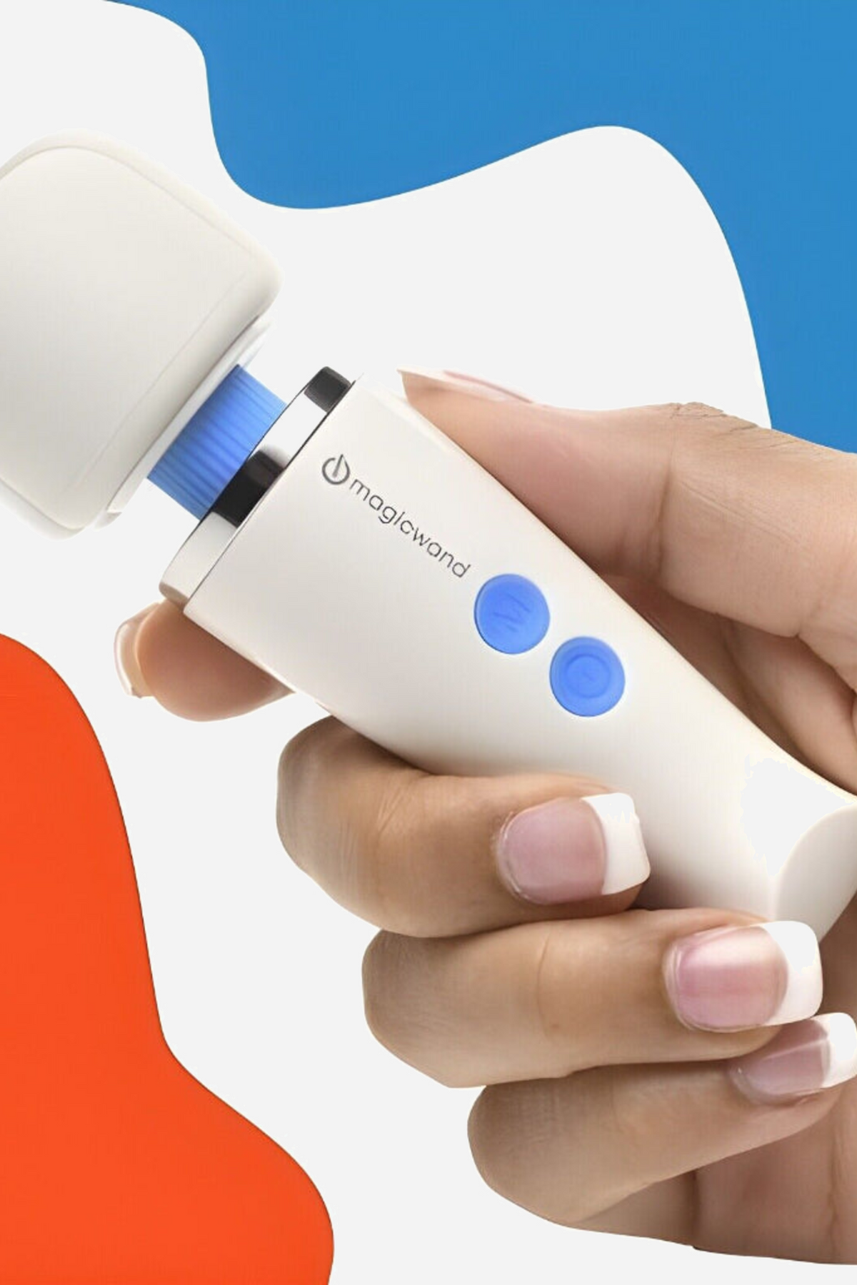 A hand gripping the Magic Wand Micro around the body to show its size, set against blue and orange graphic shapes on a grey backdrop.