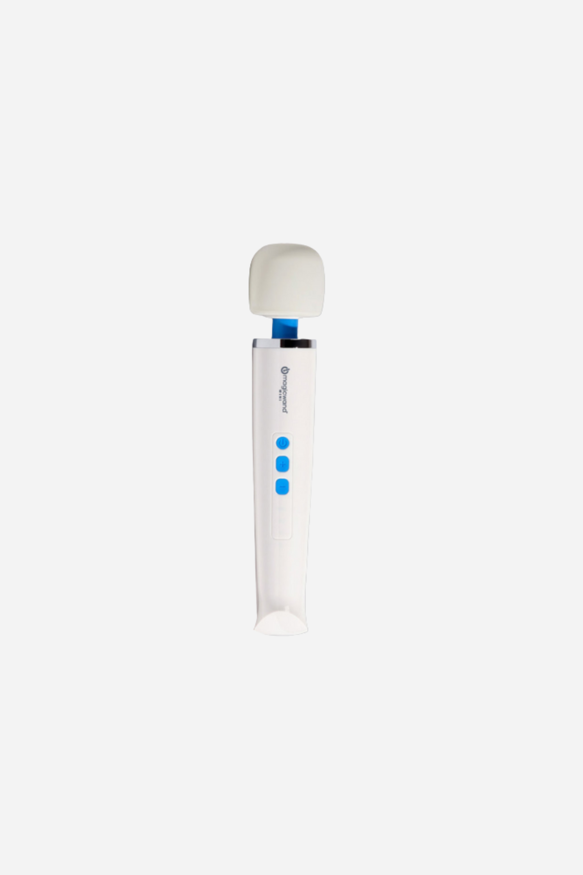 Magic Wand Mini Unplugged rechargeable massager standing upright, white body with a soft flexible head and three blue control buttons.
