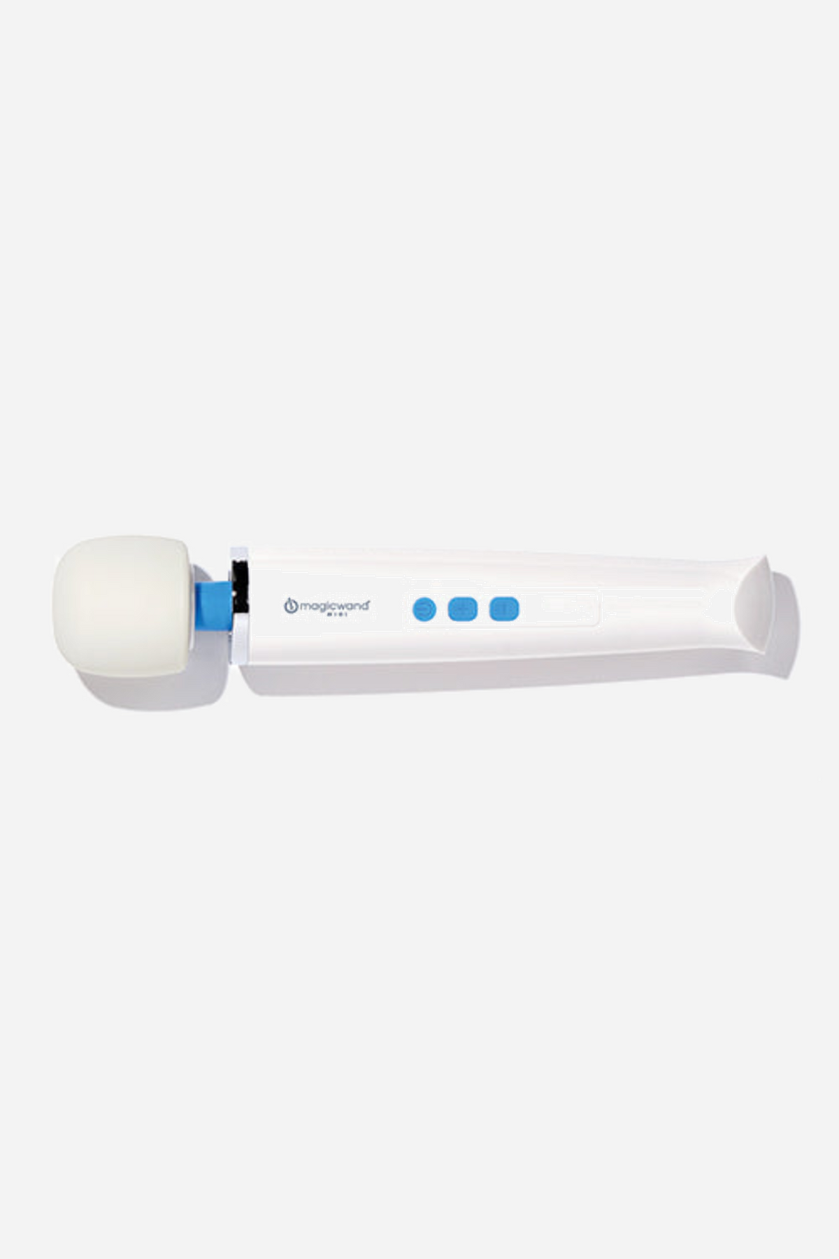 Magic Wand Mini lying at an angle, showing its full length, the rounded silicone head and the row of blue buttons along the handle.