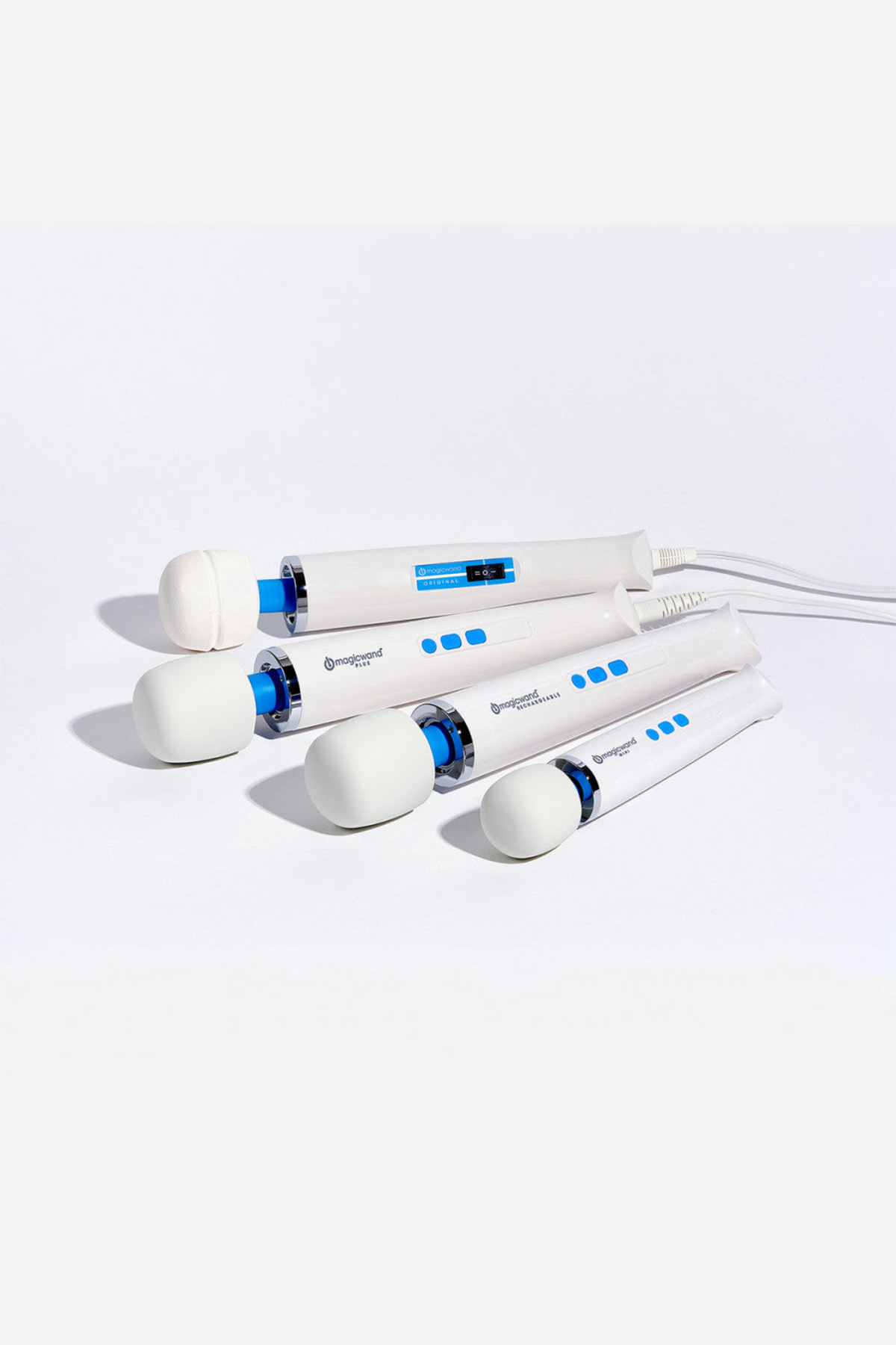 The Magic Wand range laid side by side, from the full size original down to the Mini, so the difference in size across the models is clear.