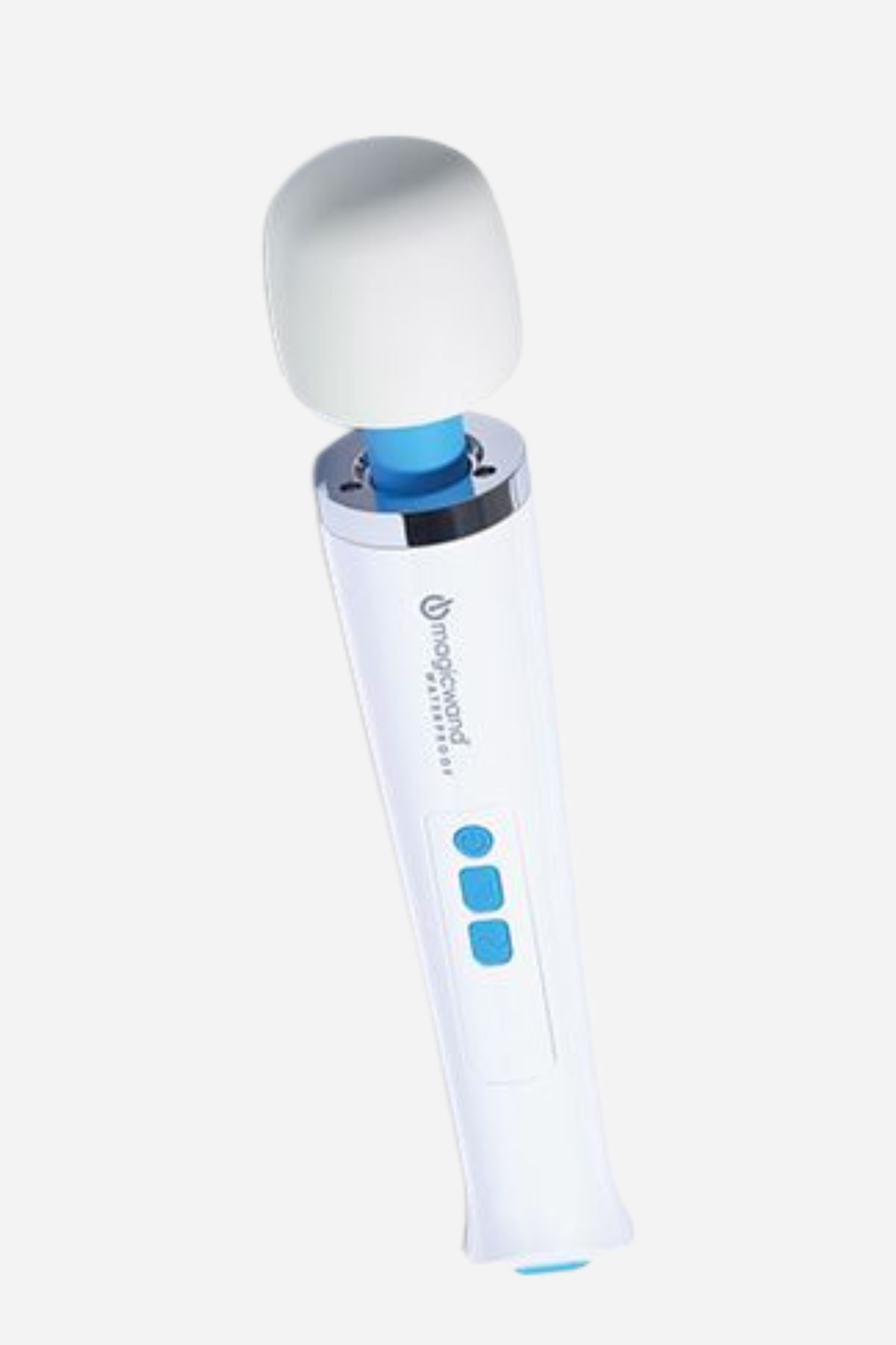 White Magic Wand Waterproof massager standing upright, showing the soft round head, blue accent ring and handle buttons, on grey