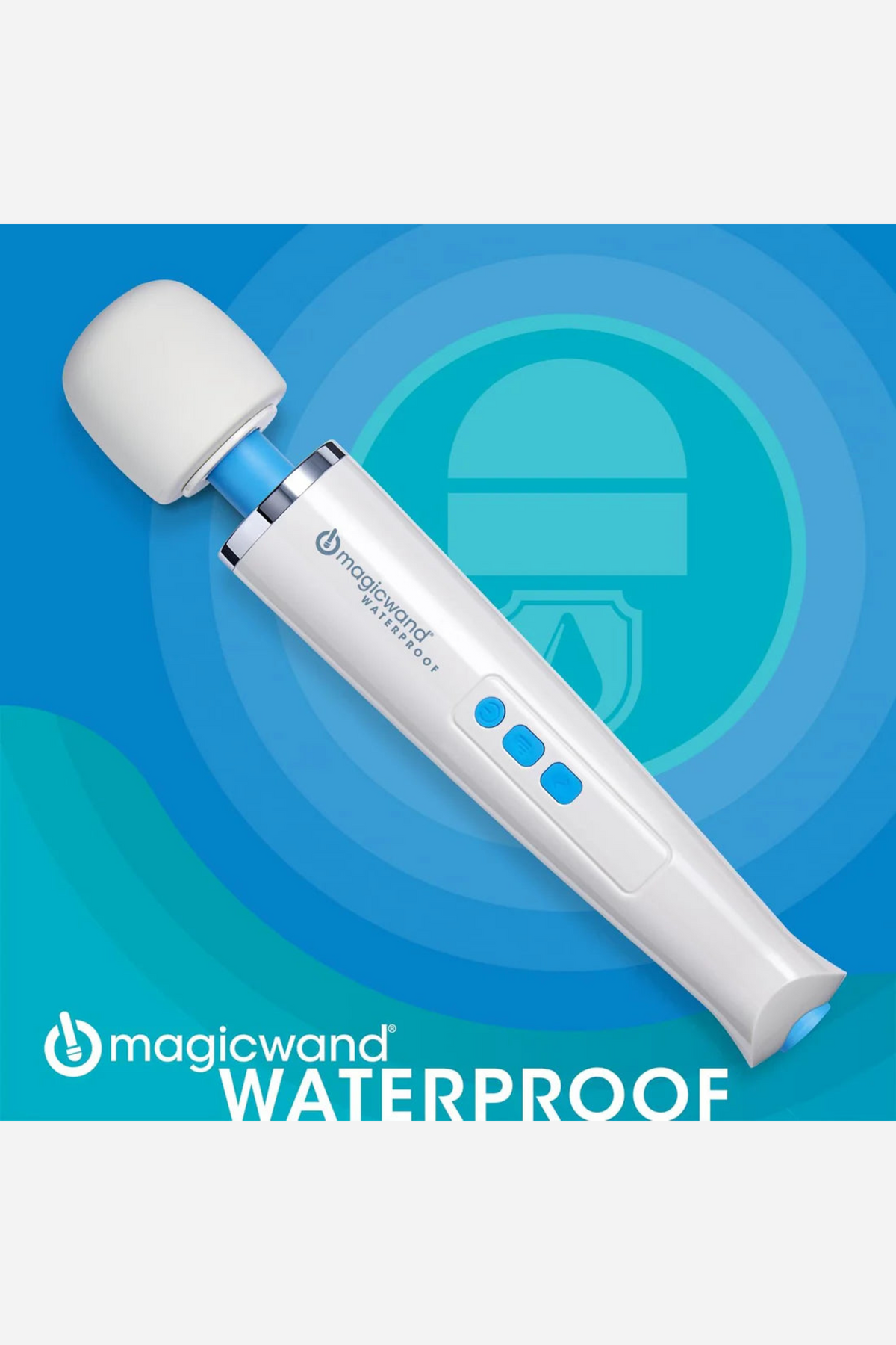 Magic Wand Waterproof massager graphic on a blue swirl background with the Magic Wand Waterproof logo in white letters