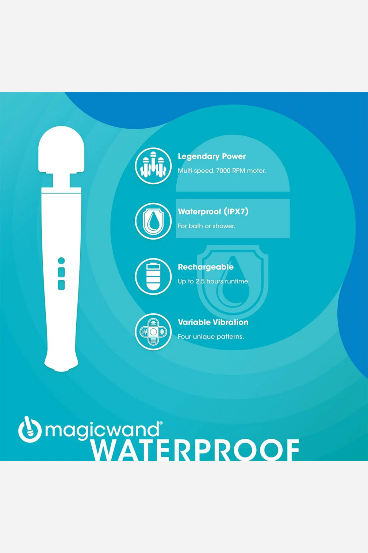 Magic Wand Waterproof feature graphic on blue showing the wand beside icons for its key features, with the Waterproof logo