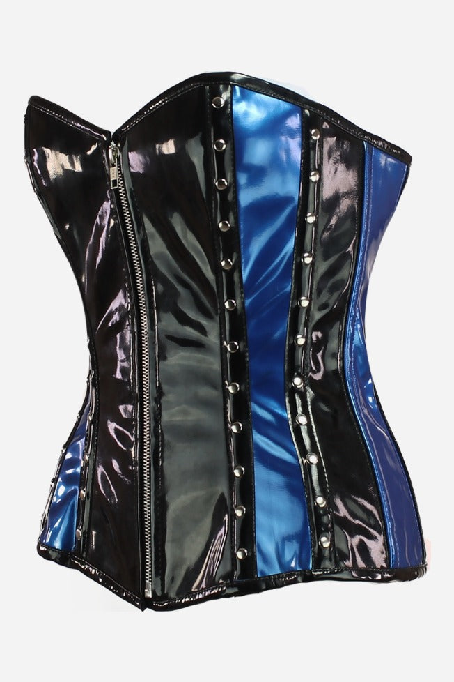 Side view of the black and blue Maleficent overbust corset showing the curved sweetheart top, studded seams and hourglass shape