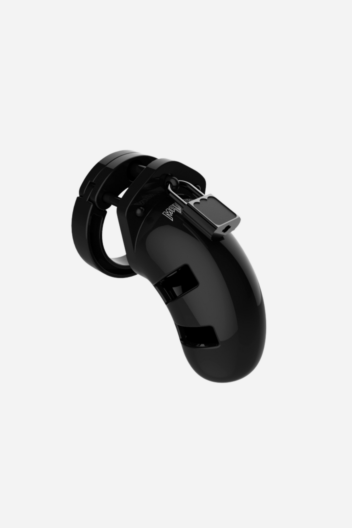 Black ManCage Model 01 plastic chastity cage on grey, a short curved cage with side vents fixed to its base ring and closed with a small silver padlock.