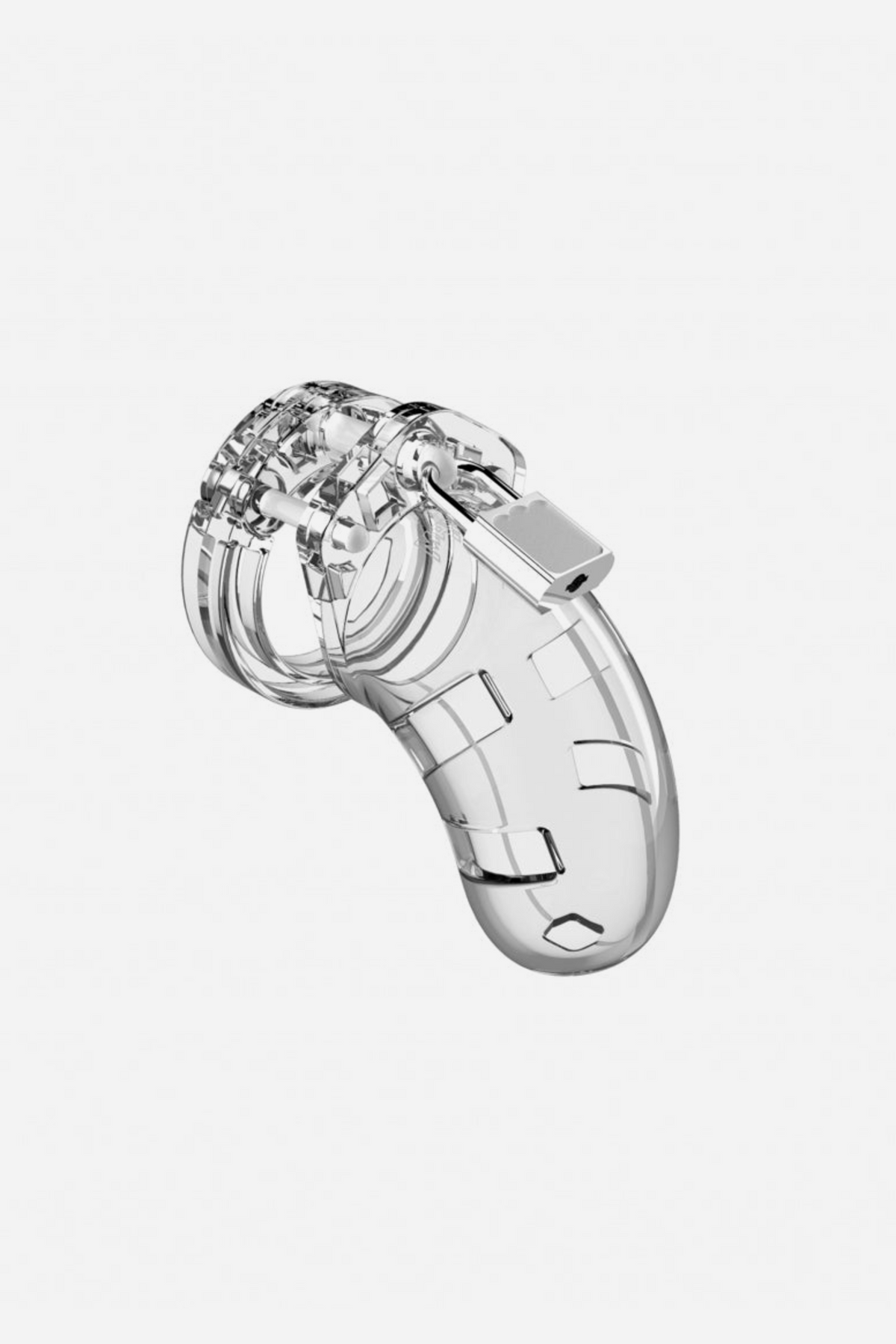 Clear ManCage Model 01 plastic chastity cage on grey, the transparent curved cage and base ring locked together with a small silver padlock.