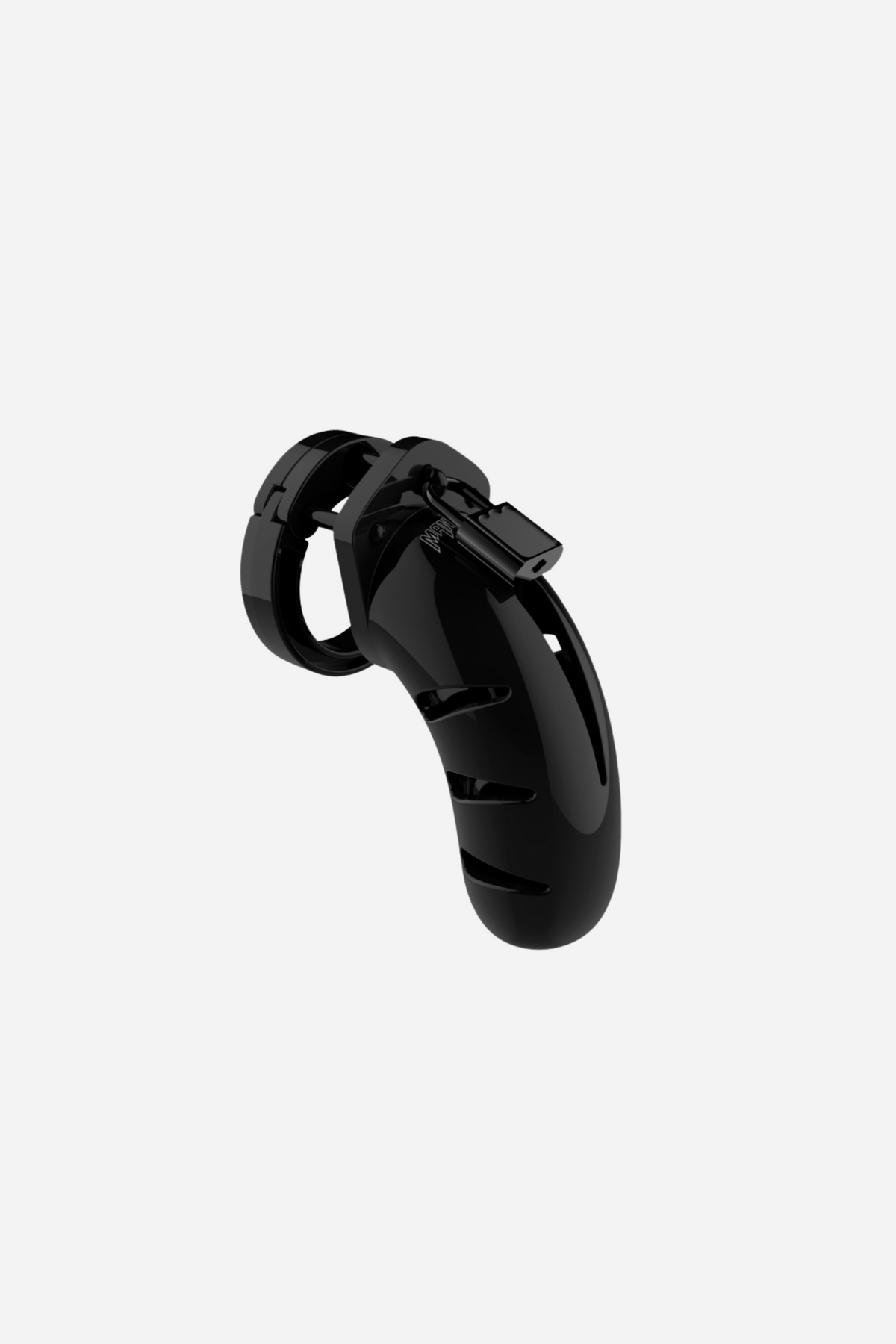 Black ManCage Model 03 plastic chastity cage on grey, a longer curved cage with side vents fixed to its base ring and closed with a small silver padlock.