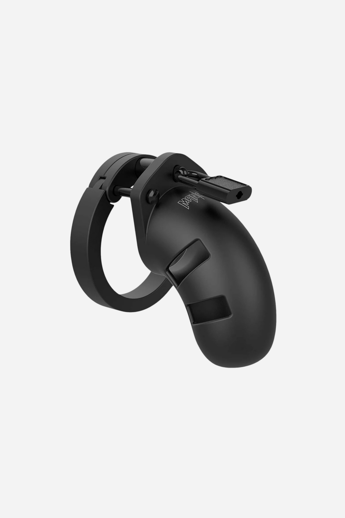 A black silicone chastity cage with a curved vented shaft and a separate ring, shown together at an angle on a plain grey backdrop.
