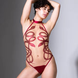 Medusa's Curse Embroidered Bodysuit in Oxblood Red