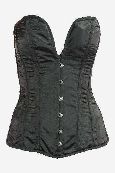 Front of the Midnight overbust corset in black satin with a deep plunging V neckline, spiral steel boning channels and a silver front busk