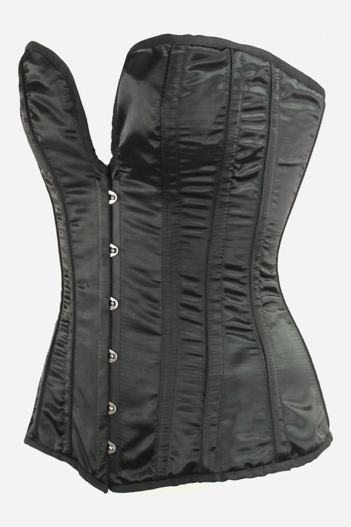 Angled side view of the black satin Midnight overbust corset showing the high-cut plunge neckline, curved waist and silver busk clasps