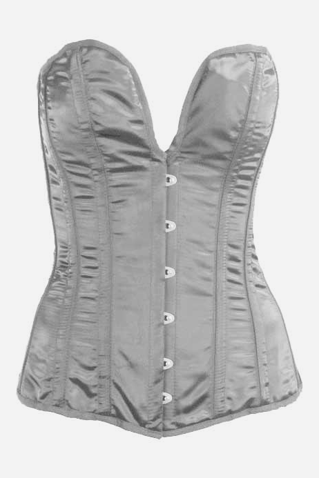 Front view of the Midnight overbust corset in silver satin with a deep plunge neckline, spiral steel boning and a silver front busk