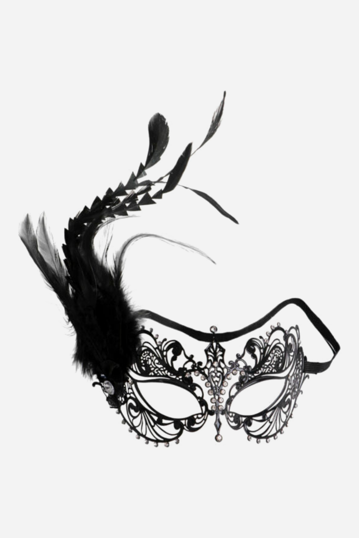 Black laser-cut metal filigree masquerade mask with small rhinestones, a tall plume of black feathers on one side and a black ribbon tie, on a light grey background.