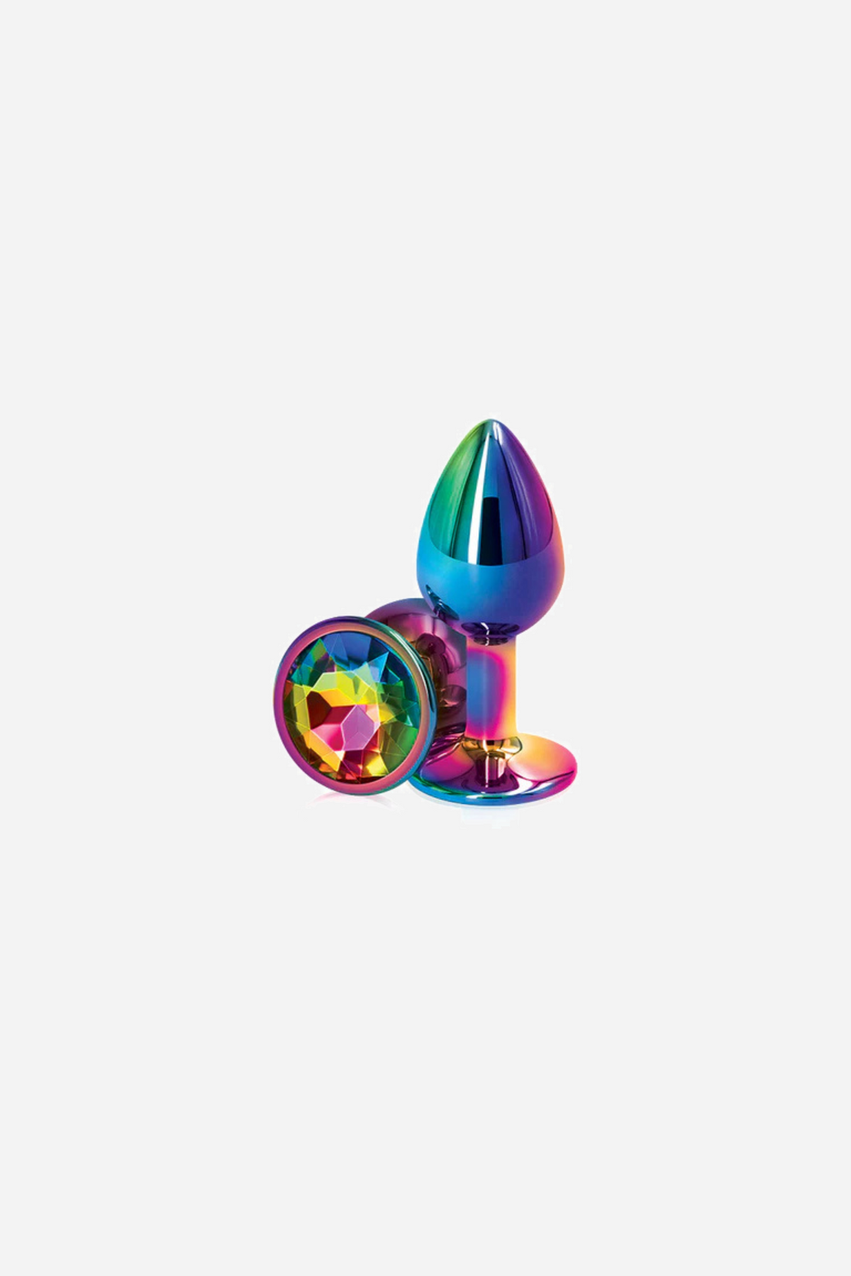 The small multicolour metal plug beside its round base, the base set with a rainbow faceted gem that picks up the oil slick finish