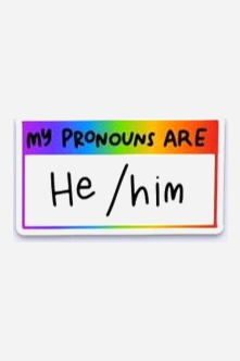 Name-tag style vinyl sticker with a rainbow gradient header reading My Pronouns Are and he/him handwritten in black in the white box below