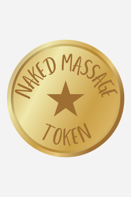 Gold mirror acrylic Naked Massage Sexy Time Token, a round 1.5 inch coin engraved with a star in the centre and the words Naked Massage Token